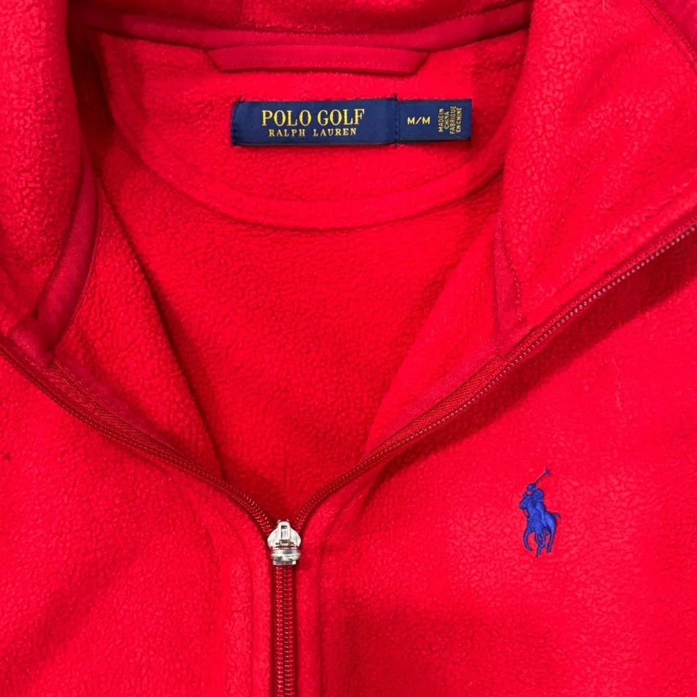 Polo Golf Ralph Lauren Mens Red Full Zip Fleece Vest Mock Neck Blue Pony Logo M